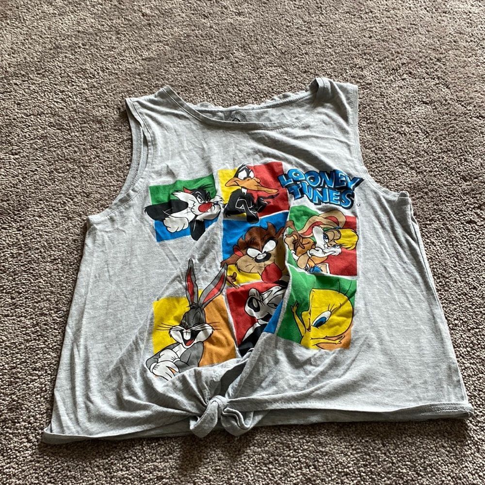 Looney Tunes Graphic Tank Top Bugs Bunny Tweety Taz Gray Tie Front SIZE S